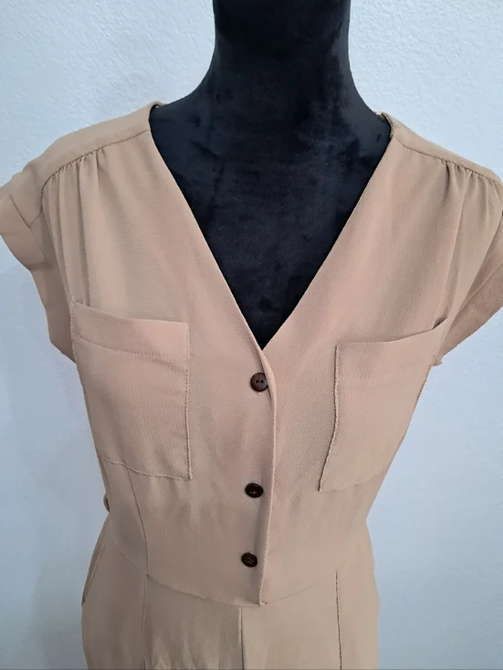 Monteau Md Jumpsuit Beige V-Neck Short Sleeve Lightweight Wide Leg Career - Picture 5 of 10